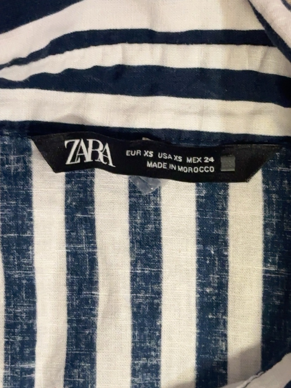 ZARA XS Navy White Striped Belted Shirt Dress Side Slits Round Buckle - Picture 5 of 9